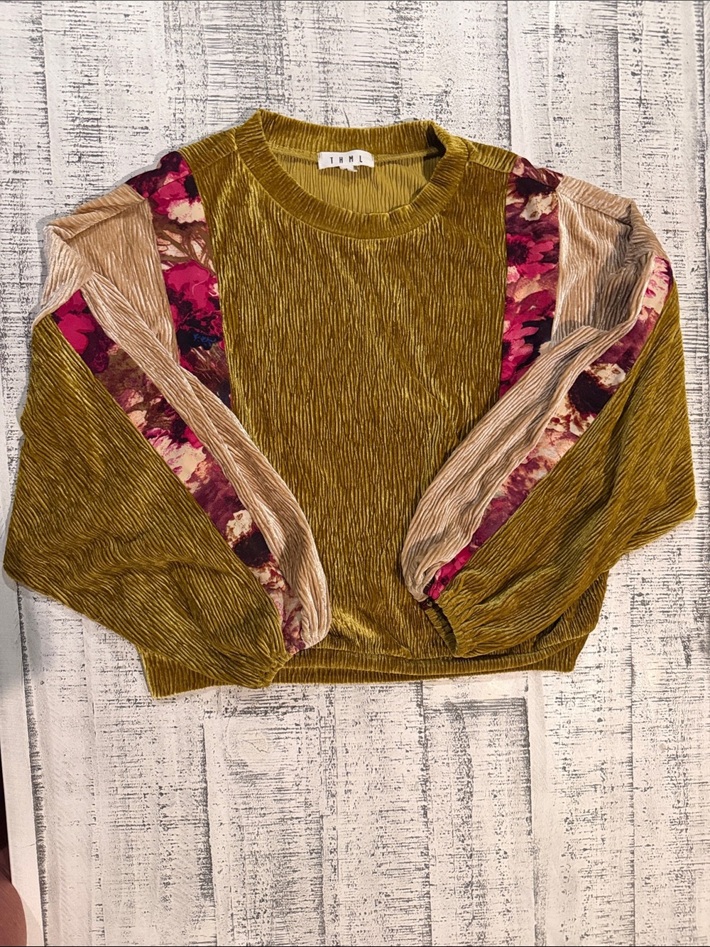 THML Mustard Yellow Crinkled Textured Velvet Top